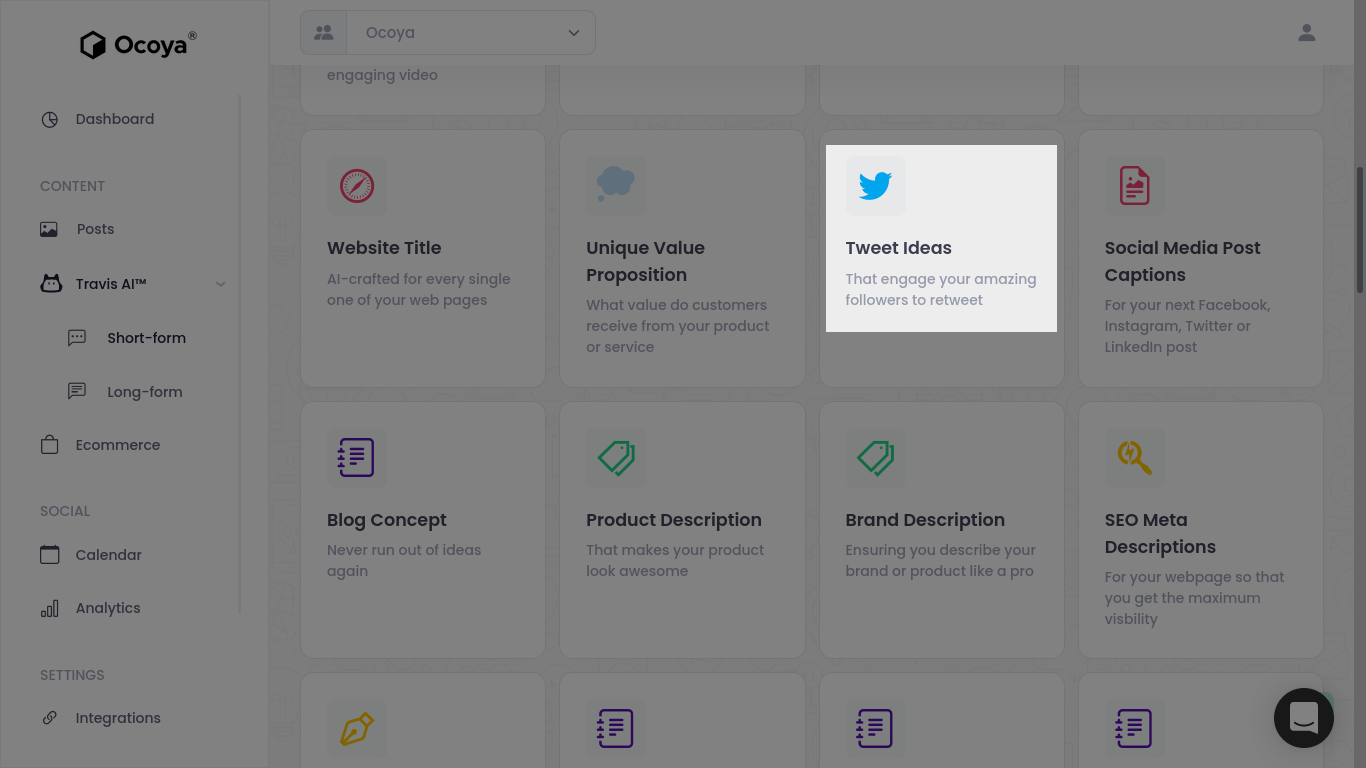 Step 2 in generating tweet ideas with Ocoya and Travis AI