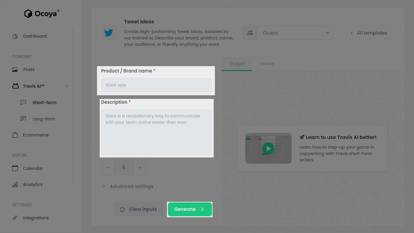 Final step: enter details to generate tweet ideas with Ocoya and Travis AI
