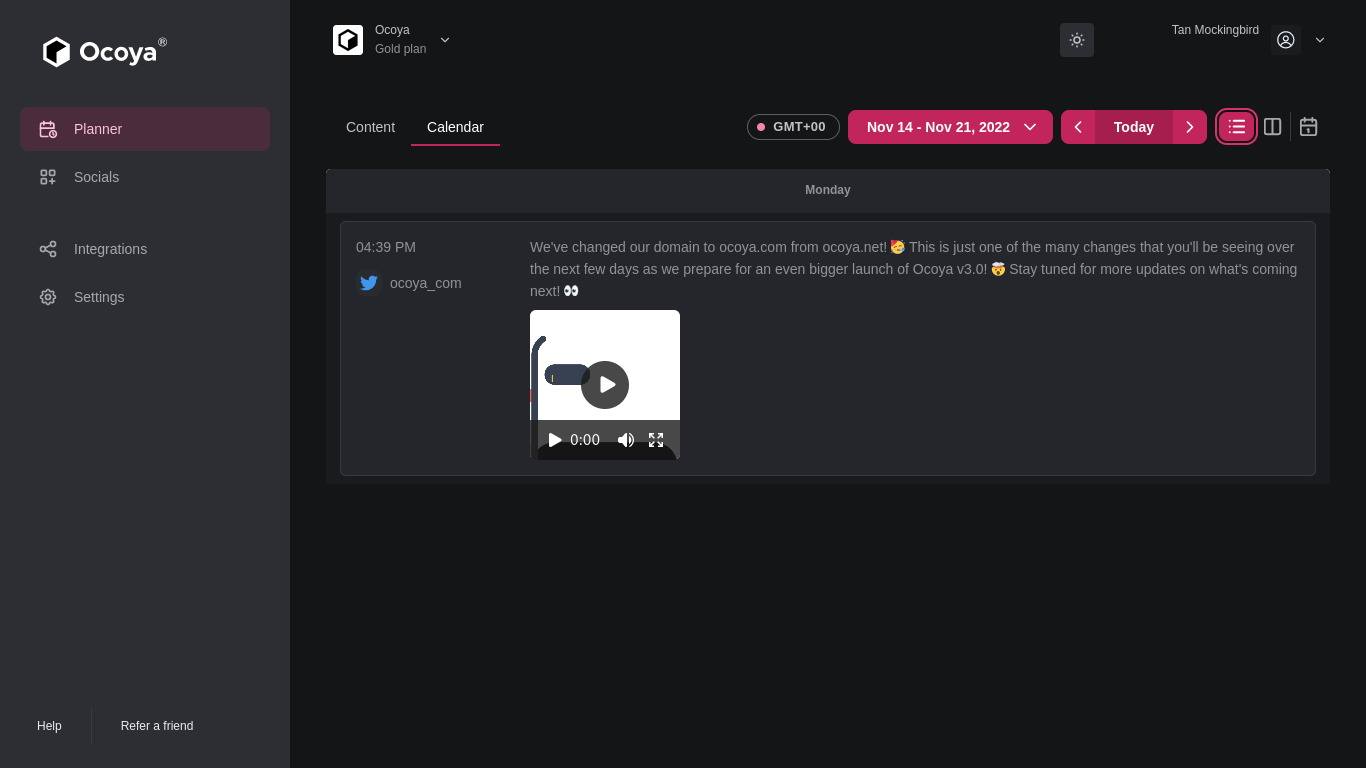 List view calendar in Ocoya v3.0