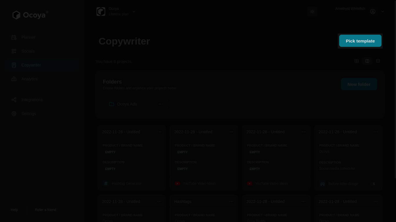 Ocoya's copywriter lets you select hundreds of templates