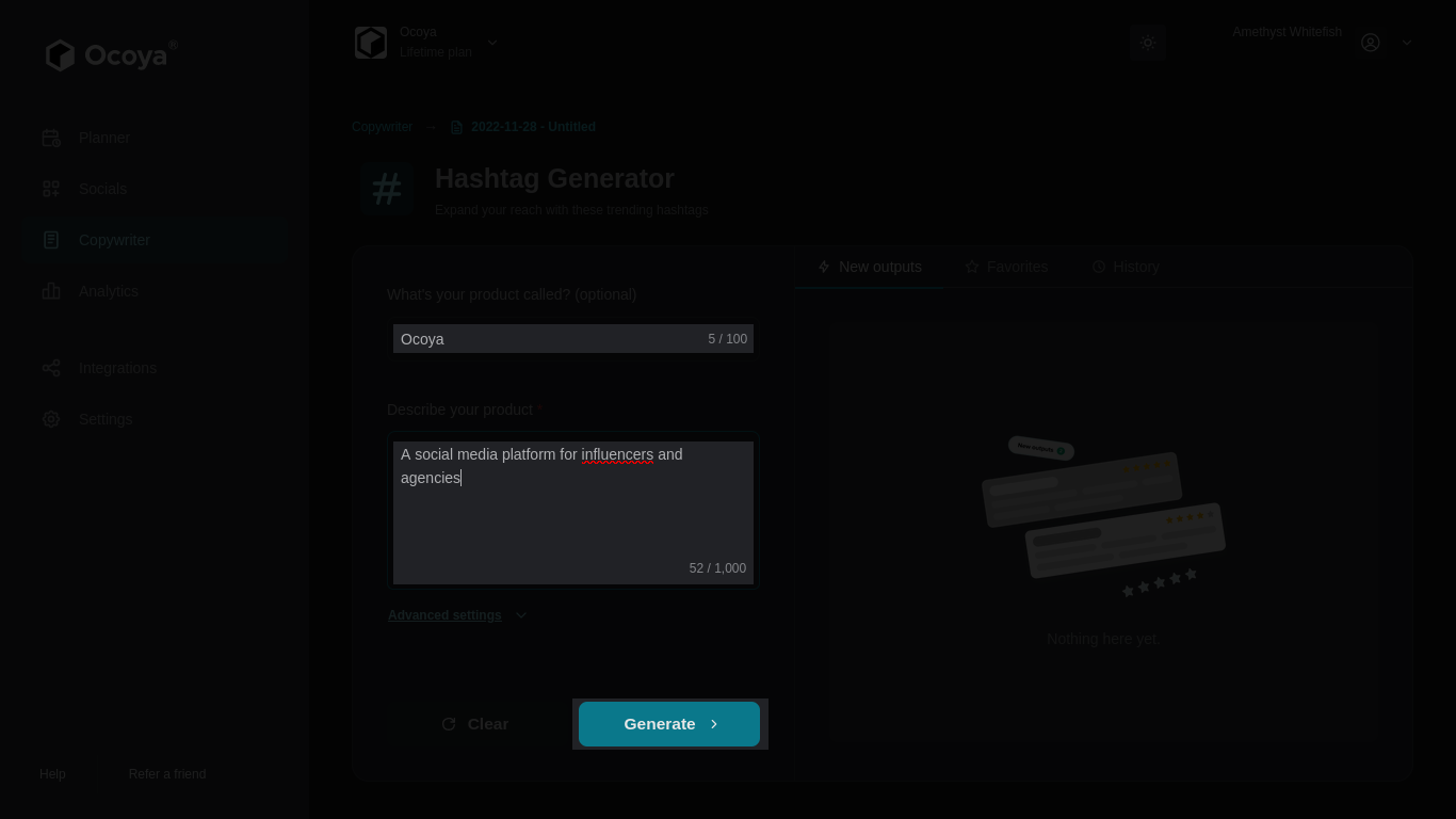 Ocoya hashtag generator input fields