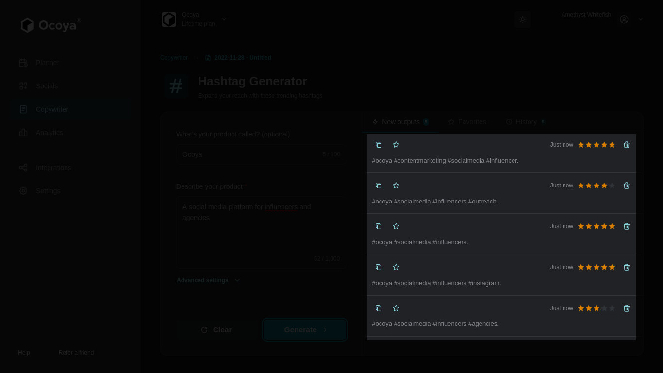 Ocoya hashtag generator examples