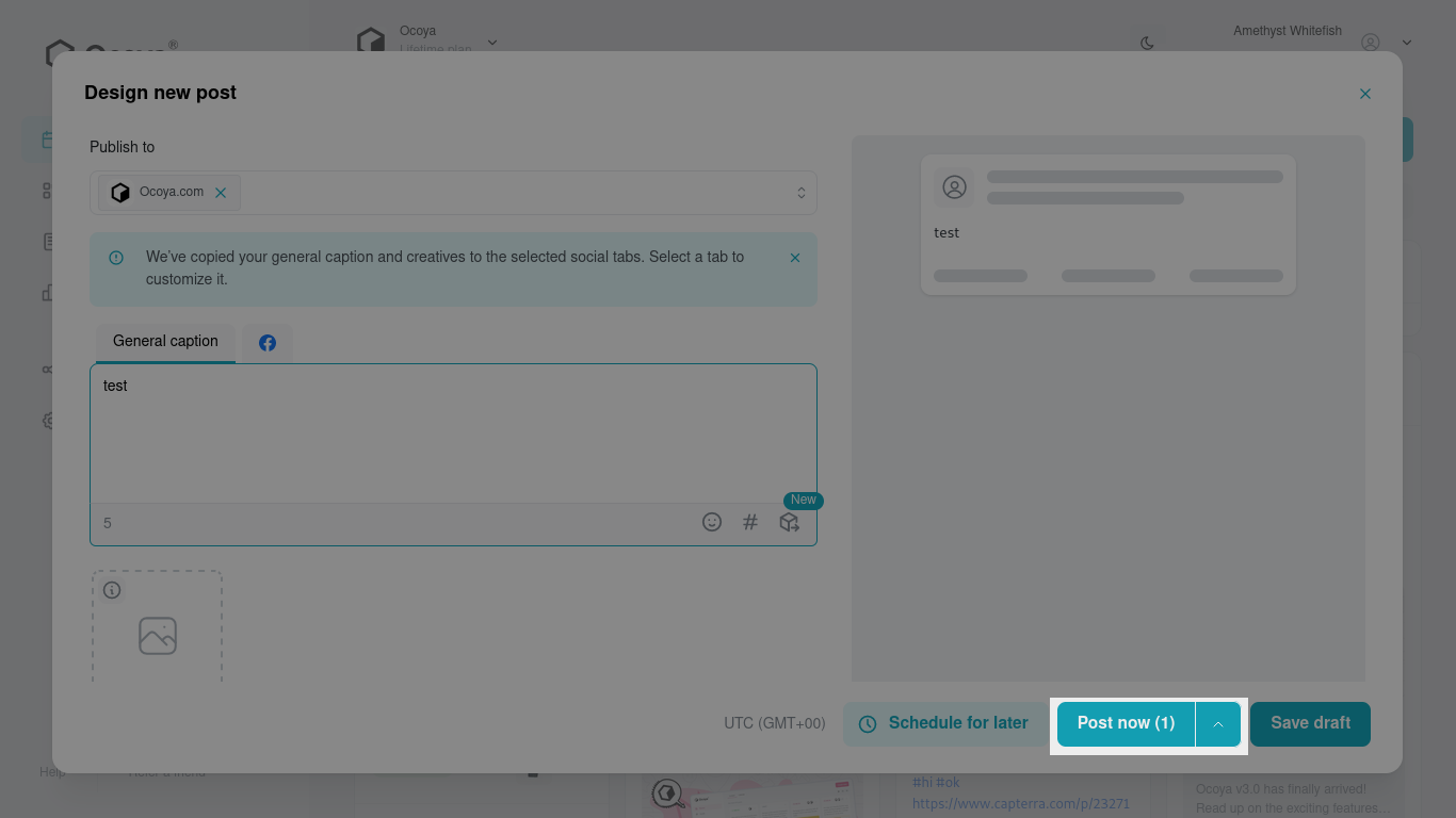 Last step for scheduling a post in Ocoya