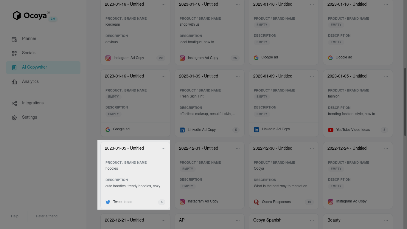 Input a couple of keywords and Ocoya will suggest tweet ideas for you
