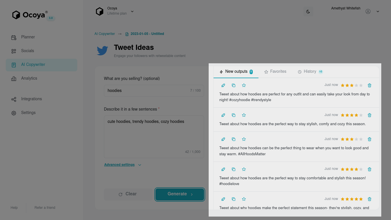 Ocoya's tweet ideas are varied and classified by ratings
