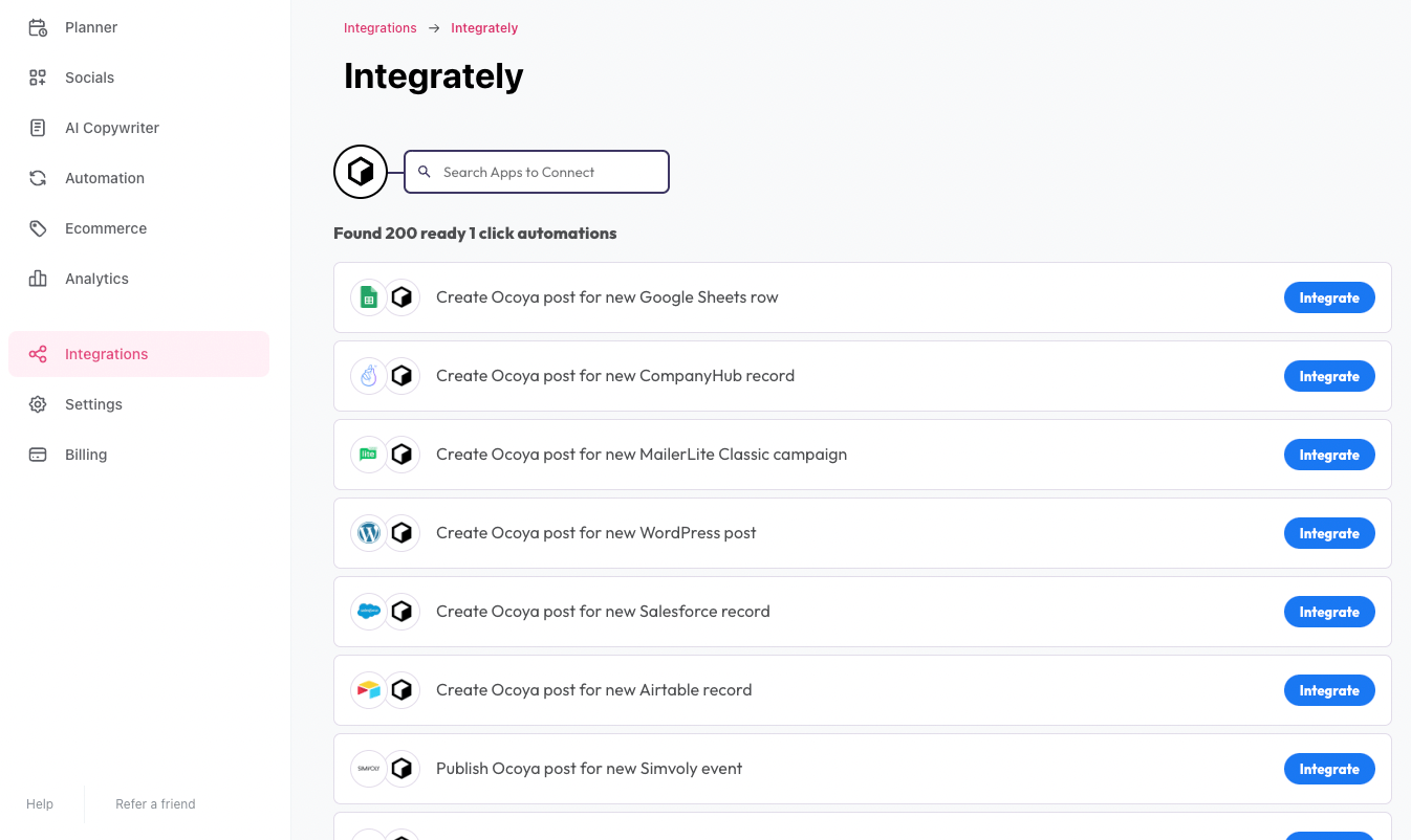 Ocoya Integrately integration