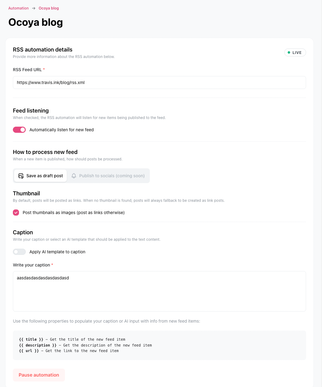 Ocoya RSS automations